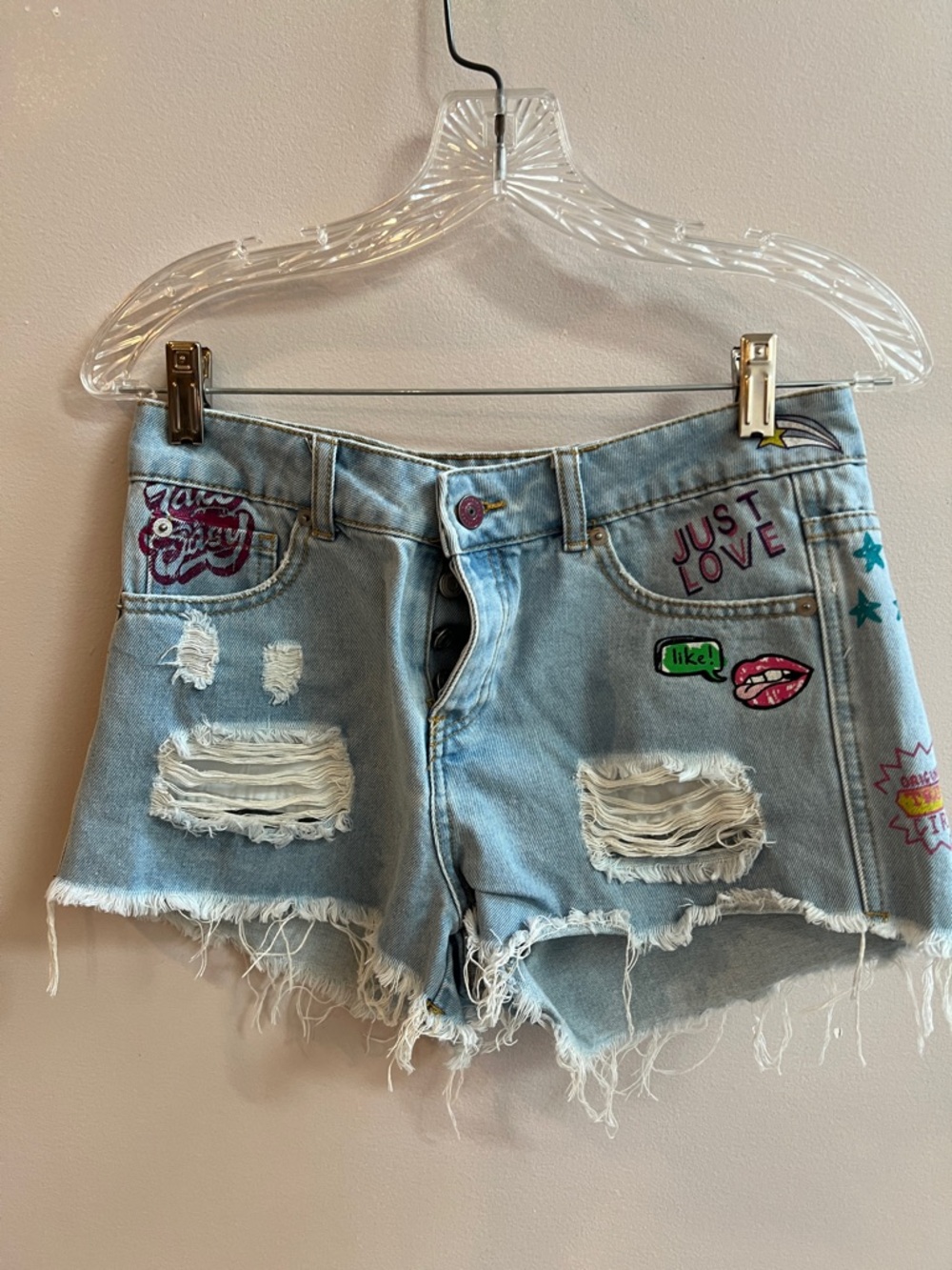 Just Love Light Blue Distressed Denim Shorts with Patch Details